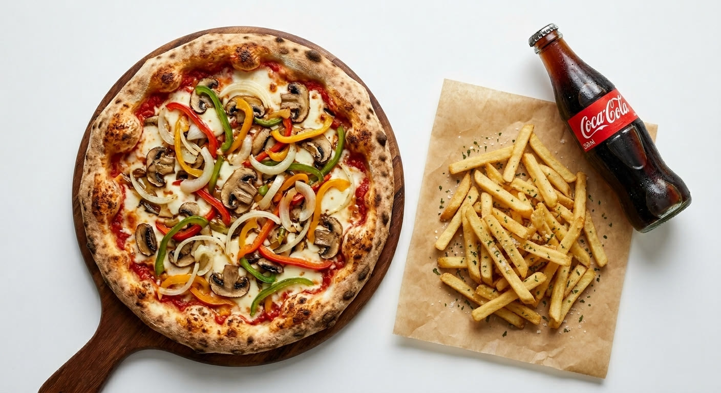 A stone-baked pizza with seasoned fries and a cold drink