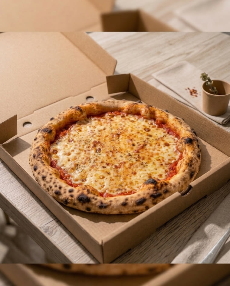 A fresh Margherita, boxed warm